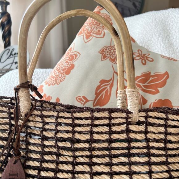 Indeed Straw Rope Bamboo Brown Mushroom Tan Beach Bag Purse Extra Mini Bag - Picture 8 of 14